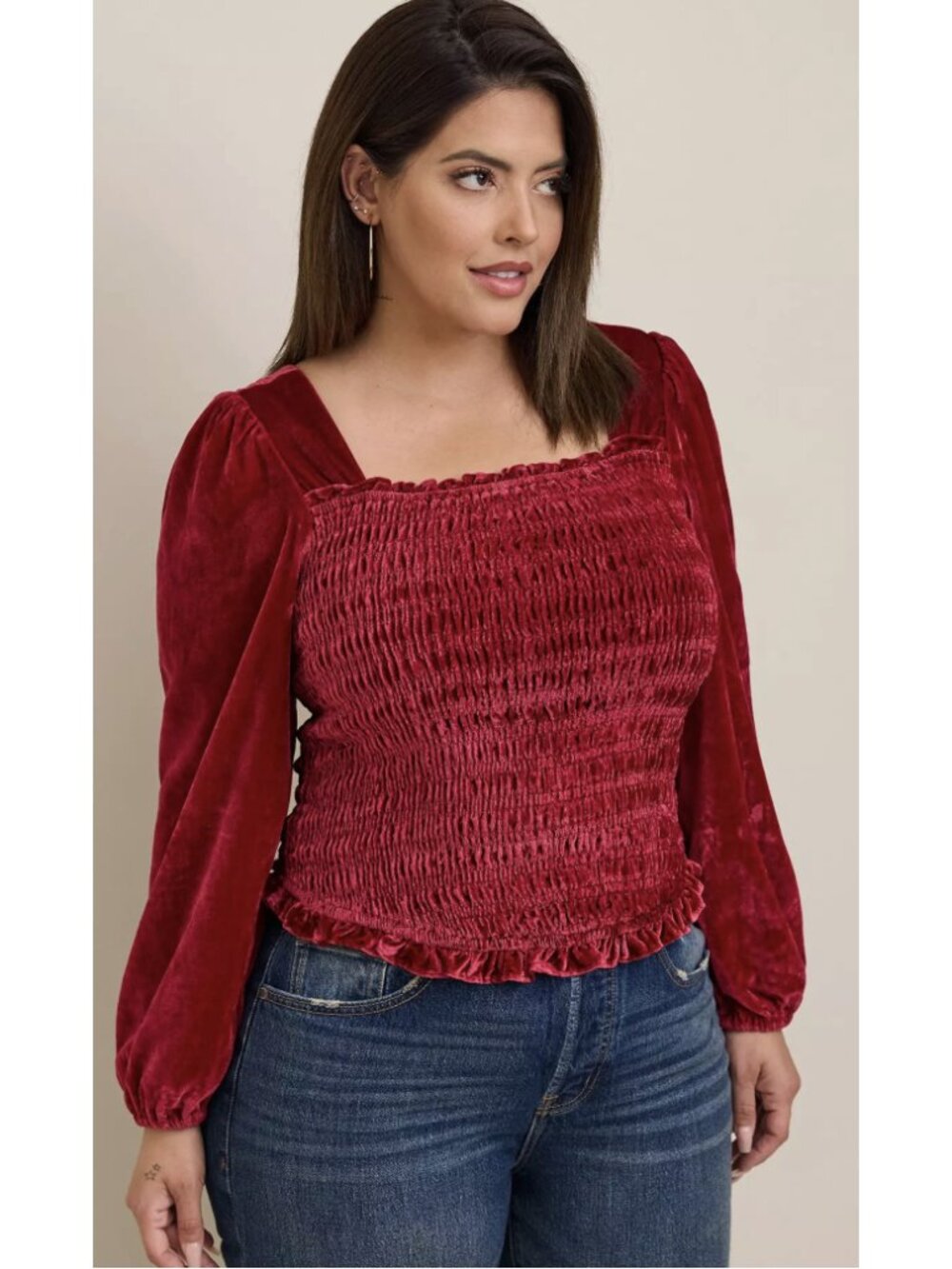 TORRID Velvet Smocked Blouson Sleeve Crop Top Jester Red Size 2X Whimsigoth